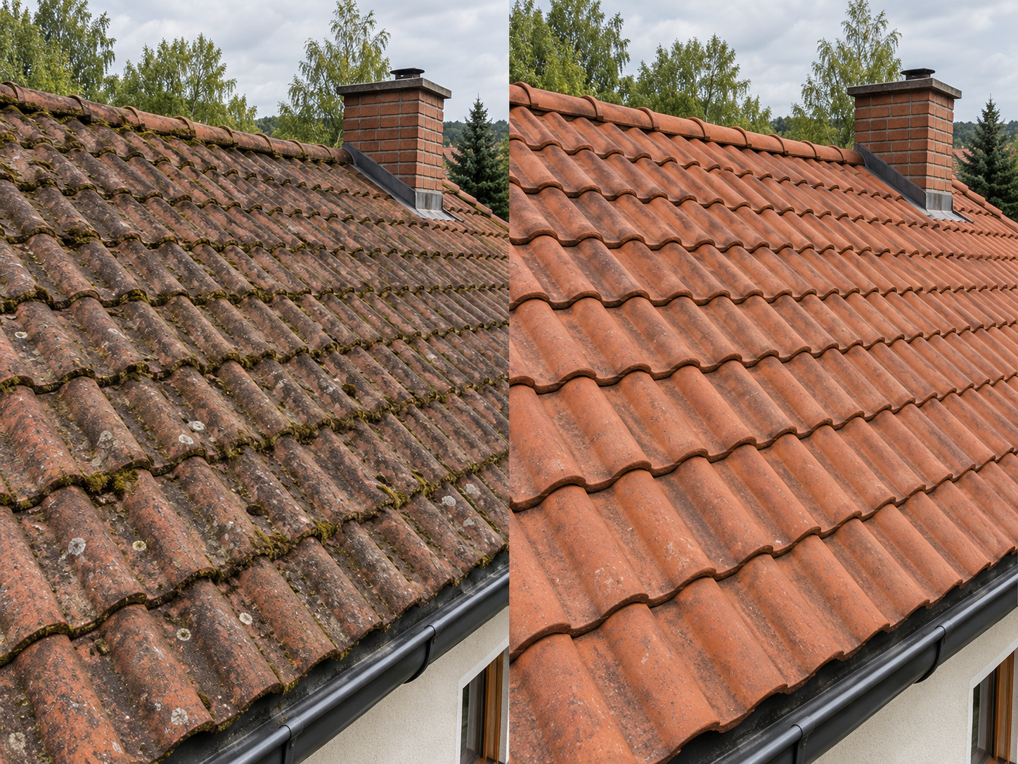 Porównanie dachówki ceramicznej przed czyszczeniem i po czyszczeniu
